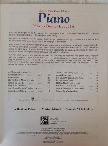 Alfred's Basic Piano Library Hymn Book Level 1A