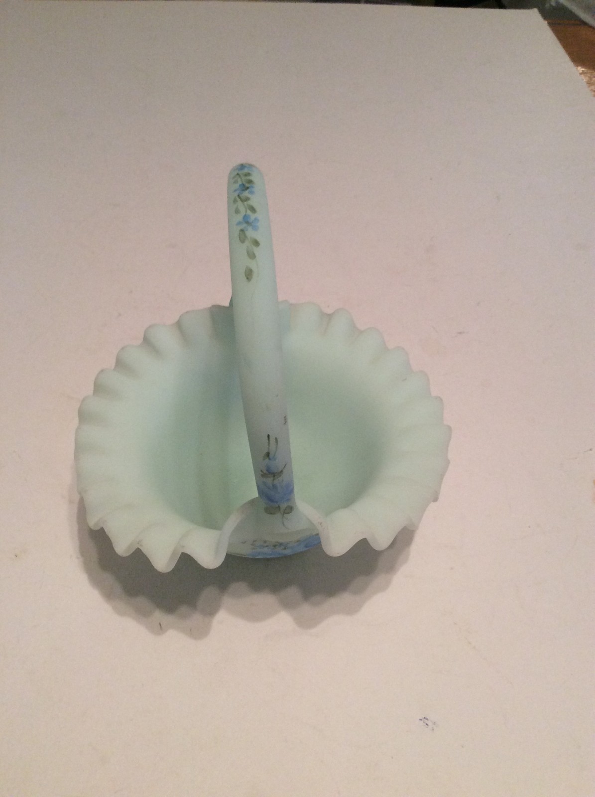 Fenton Hand Painted Blue Basket Signed Ruffled Art Glass 7 1/2