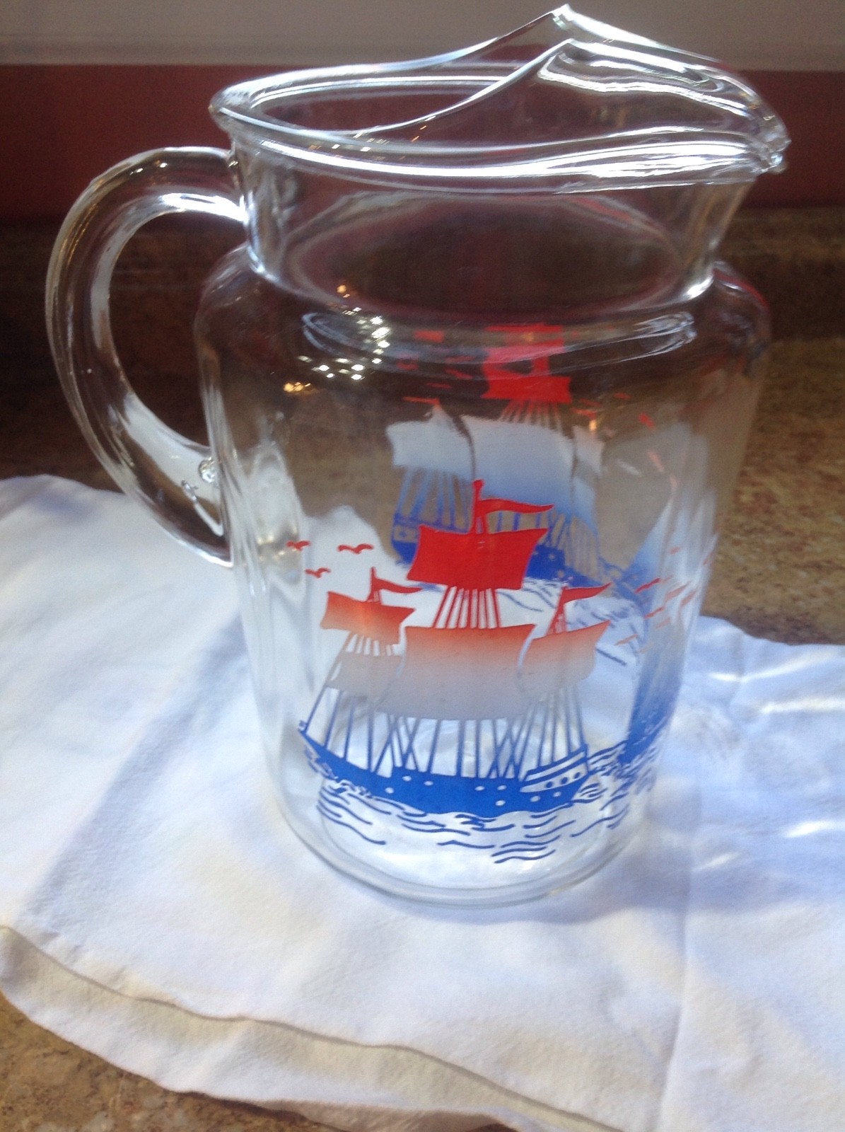 Anchor Hocking Clear Glass Vintage Water Pitcher With Sail Boats 1950's 60's VGC