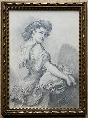 Junge Frau mit Fischen. Sign.: Leo Kraus 1918. Mit Rahmen: 22x29 cm.