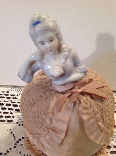 PORCELAIN VICTORIAN LADY HALF DOLL RUFFLED SKIRT AND PIN CUSHION BASE~VTG