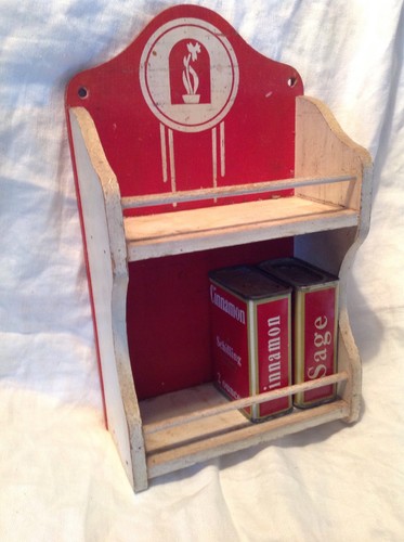 Vintage Retro Red And White Wooden Spice Rack W/Pair Of Schilling Tin Spice Cans