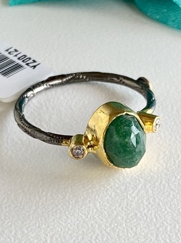 Antiqued Sterling Silver 22k Yellow Gold Green Quartz Ring Size 5/6.25 - Picture 5 of 8