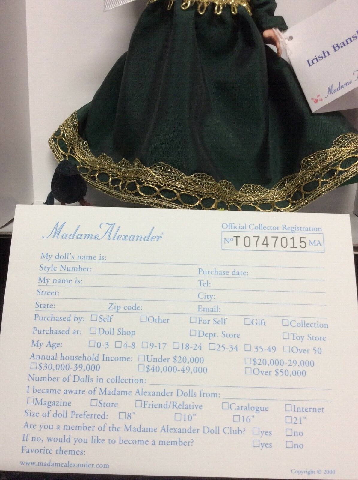 NIB Madame Alexander Irish Banshee 42510 Irish Banshee Doll 2000 Emerald Green