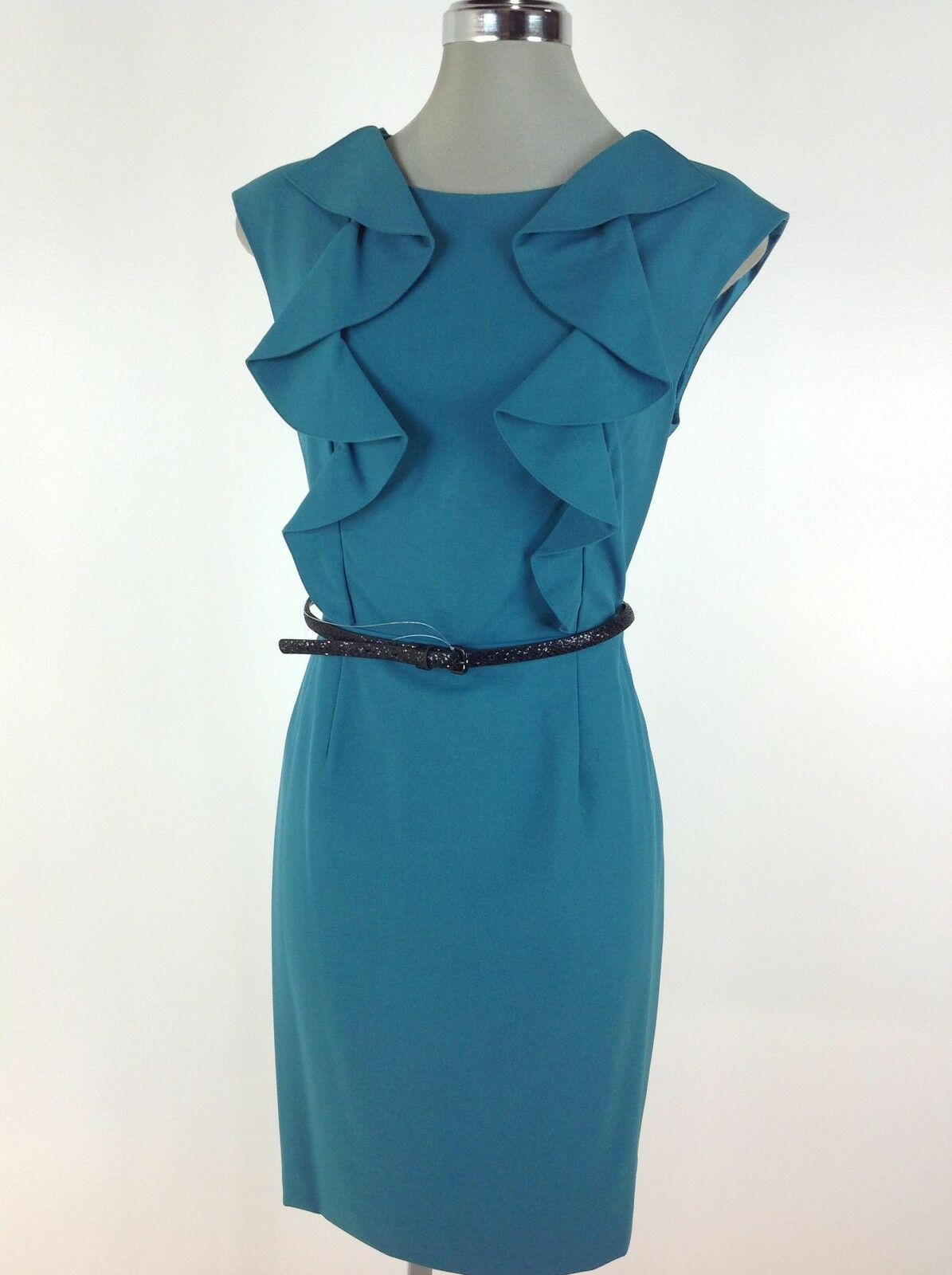 Изысканное платье Calvin Klein NWT из ГОЛУБОЙ ЕЛИ с поясом и оборками спереди, размер 8,10