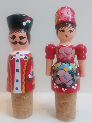 2 Vintage Hungarian Folk Art Cork Bottle Stoppers Handmade Painted Wood 4.5'' new