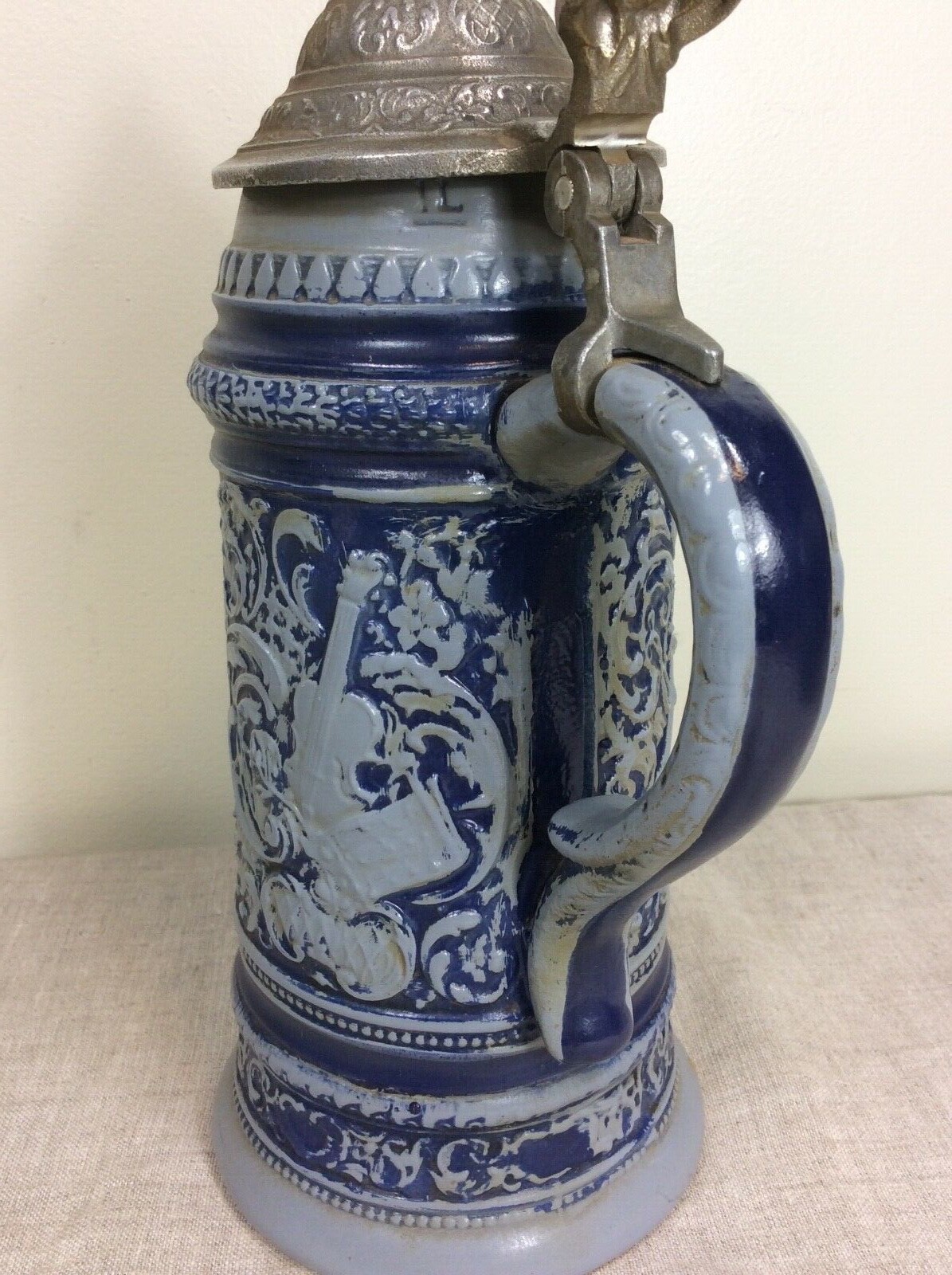 Beer Stein 1971 Replica Falstaff Germany pottery vtg blue pewter lid mug stone