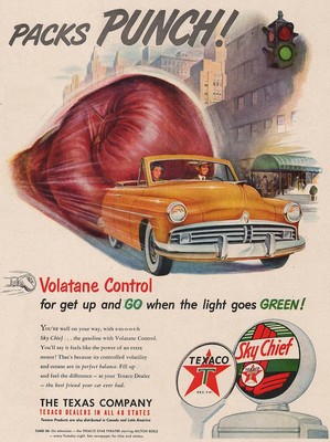 Vintage magazine ad TEXACO SKY CHIEF GASOLINE Packs Punch 1951 sign and globe