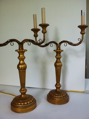 Pair French Late 19th Louis XVI Style Gilt Bronze Two-Arm Chandelier Table Lamps