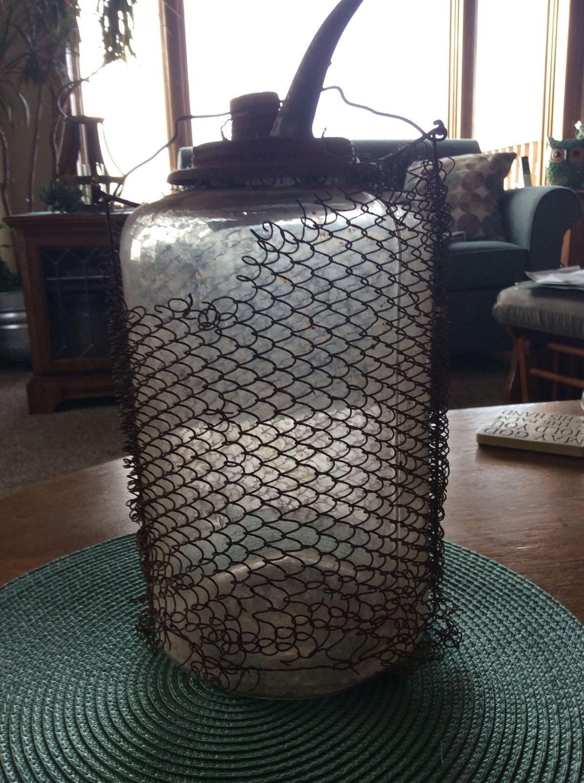 Antique Oil Kerosene Glass Container Metal Mesh on Outside