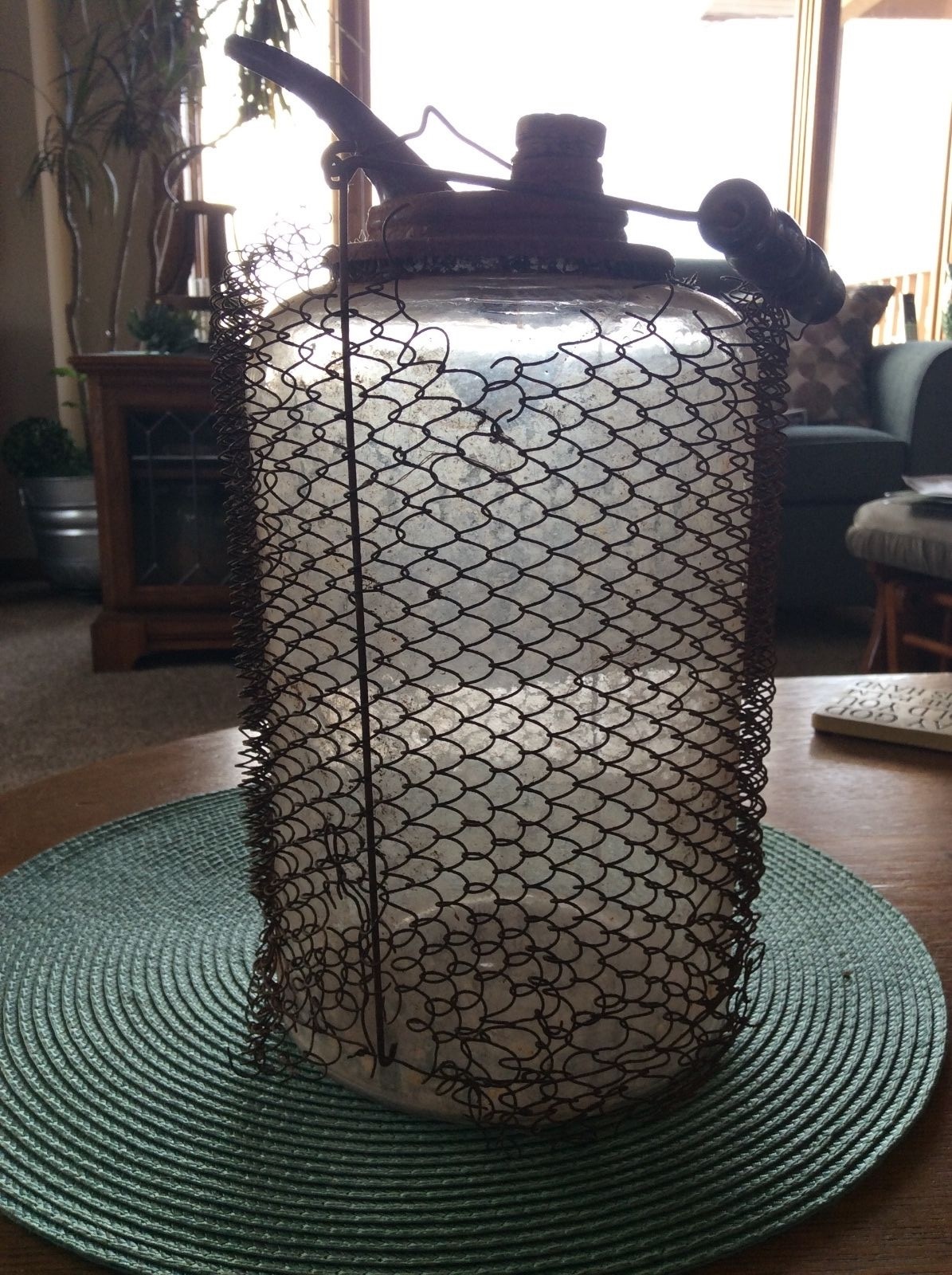 Antique Oil Kerosene Glass Container Metal Mesh on Outside