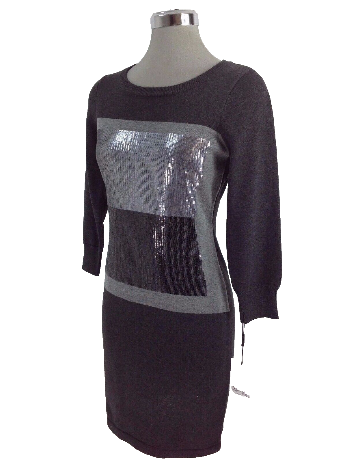 Новое платье-свитер Calvin Klein Color Block с серебристыми/угольными блестками, размер L