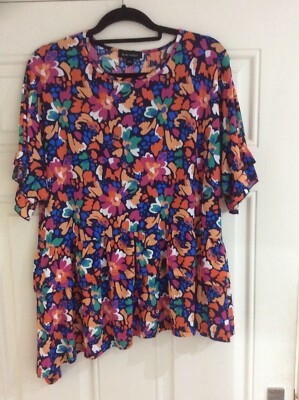 New Blue Vanilla Lagenlook Navy Blue Floral Stretch Jersey Frill Top - Size S/M