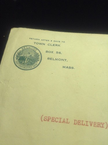 VINTAGE STAMPED ENVELOPE SPECIAL DELIVERY 1932 BELMONT MINOT MASSACHUSETTS