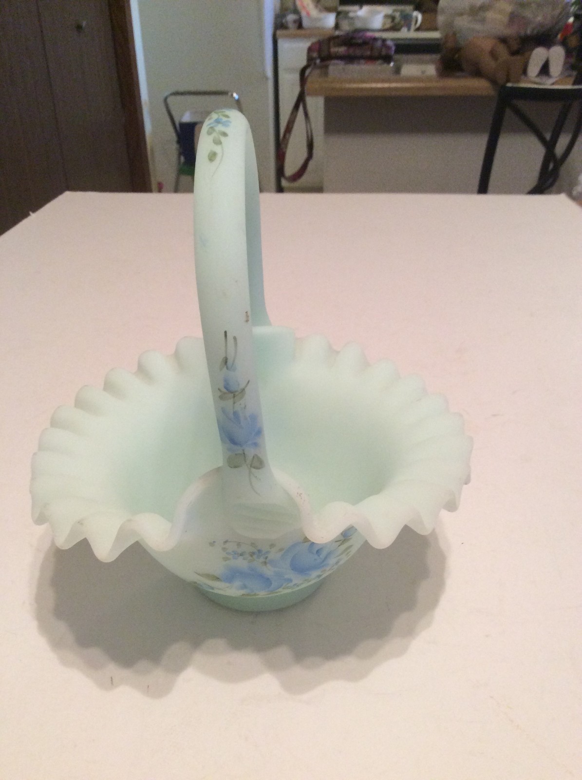 Fenton Hand Painted Blue Basket Signed Ruffled Art Glass 7 1/2