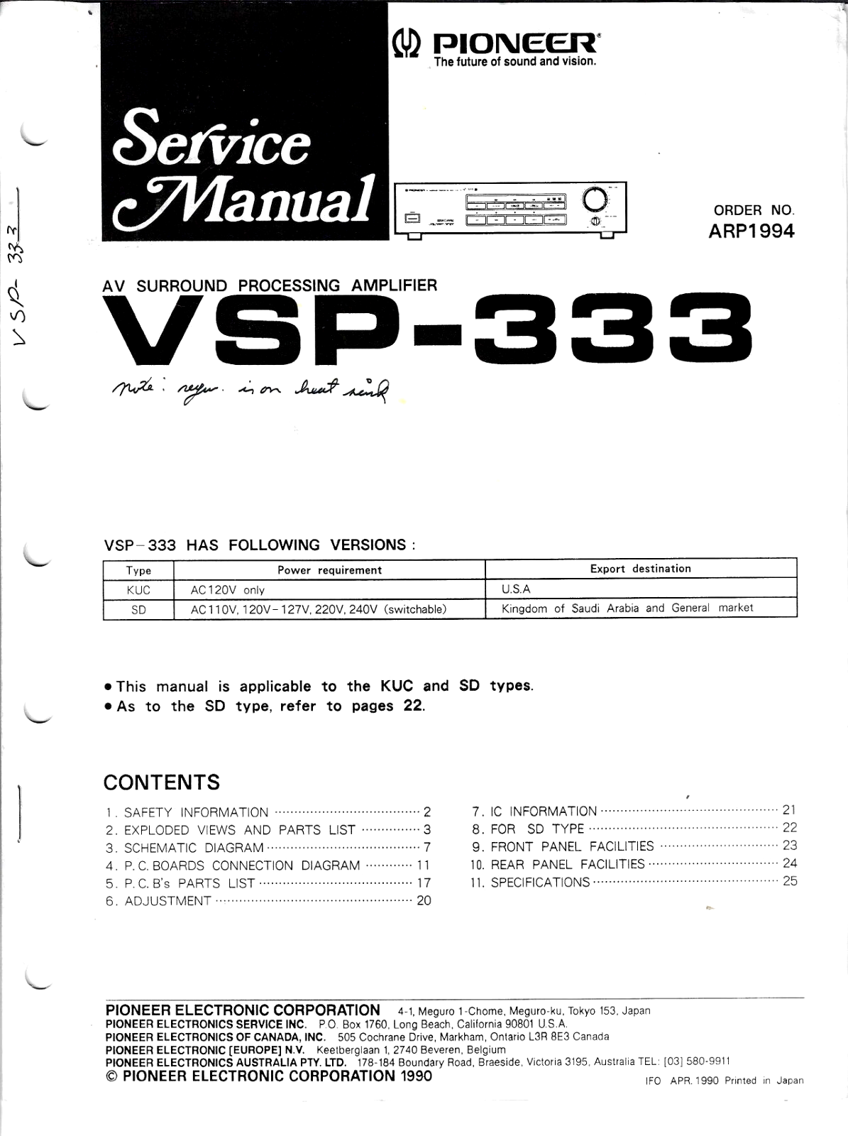 PIONEER VSP-333, AV SURROUND PROCESSING AMPLIFIER ORIGINAL