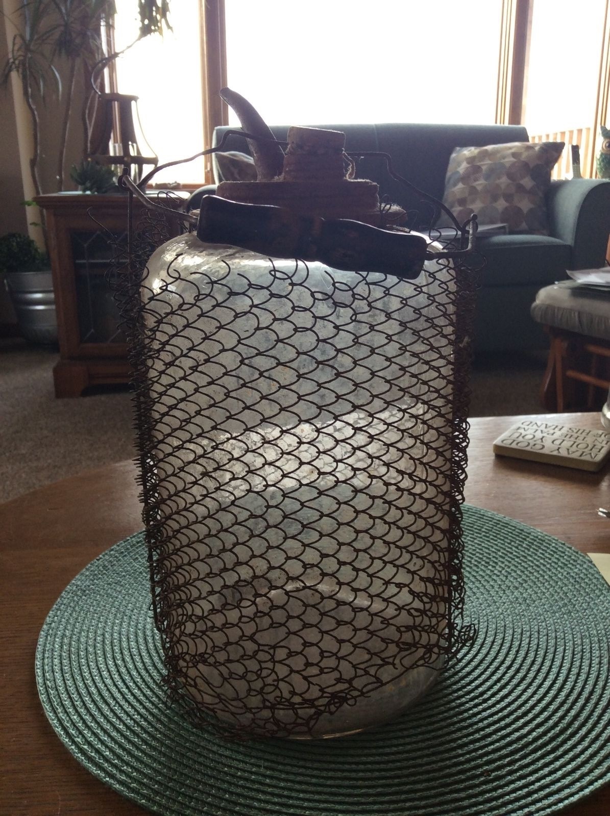 Antique Oil Kerosene Glass Container Metal Mesh on Outside