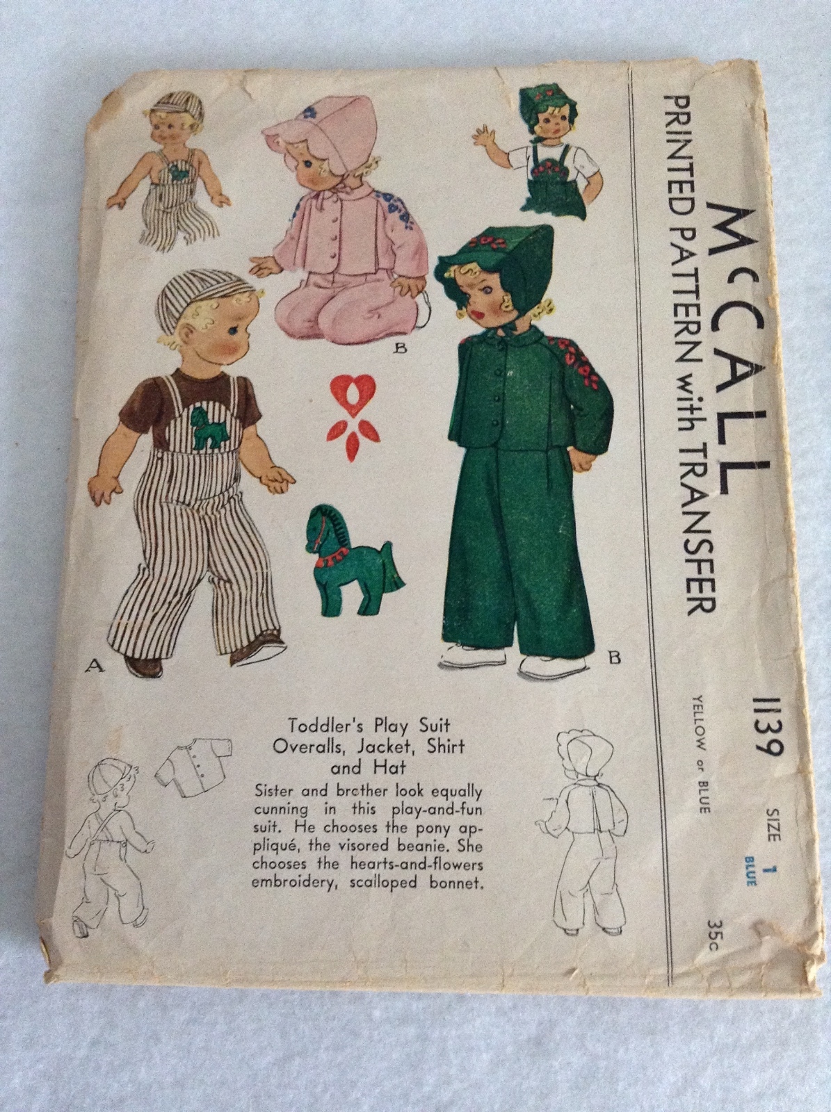 Vintage McCall EARLY Sewing Pattern #1139 w/Transfer Toddlers Play Suit.. Sz 1