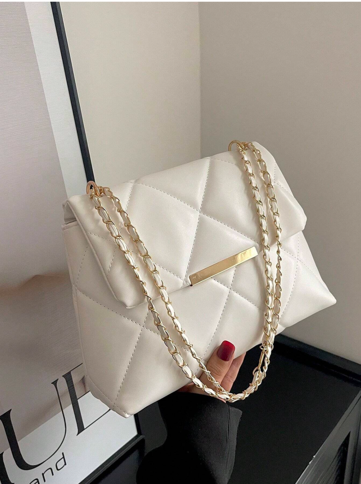 White Quilted Pattern Flap Square Bag Metal Decor Chain Tote