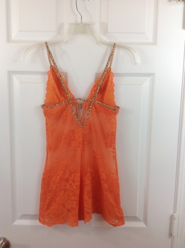 Victoria's Secret Orange Stretch Lace Animal Print Straps Teddie Nighty Small S