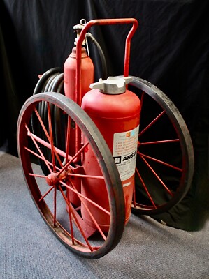 Vintage Red Chemical Fire Extinguishers On Wheels With Hose & Nozzle