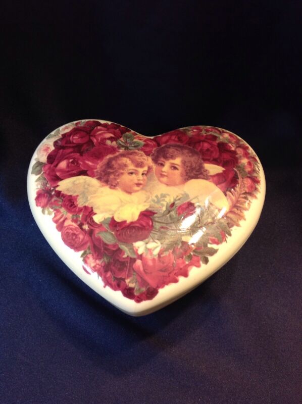 Vintage Telaflora Ceramic Heart Shaped Trinket Box With Roses And Cherubs