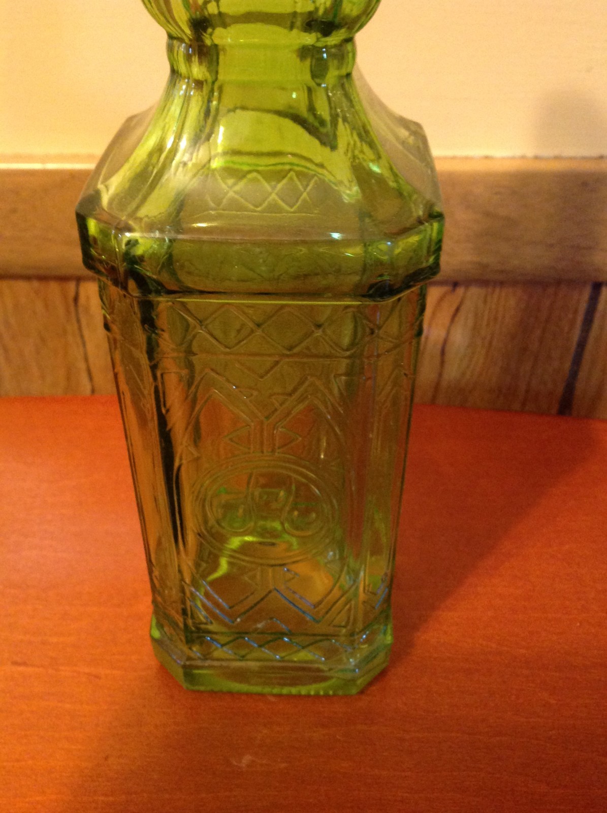 Glass Tall Neck Square Raised Patterns Green Bottle with Cork 12 Inch