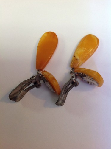 Vintage Russian Baltic Amber Butterscotch Clip Earrings 1970's