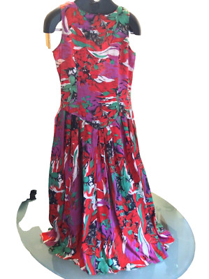 MATCH CLOTHING CO. Dress Retro Vintage 80s UK8 Red Floral  Short Sleeve Viscose