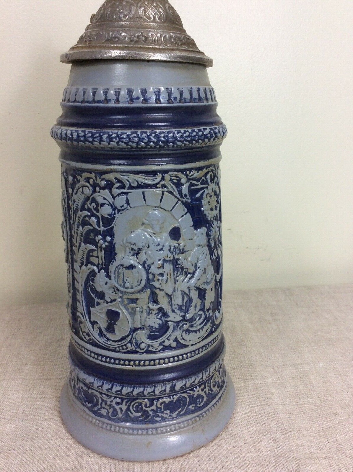 Beer Stein 1971 Replica Falstaff Germany pottery vtg blue pewter lid mug stone