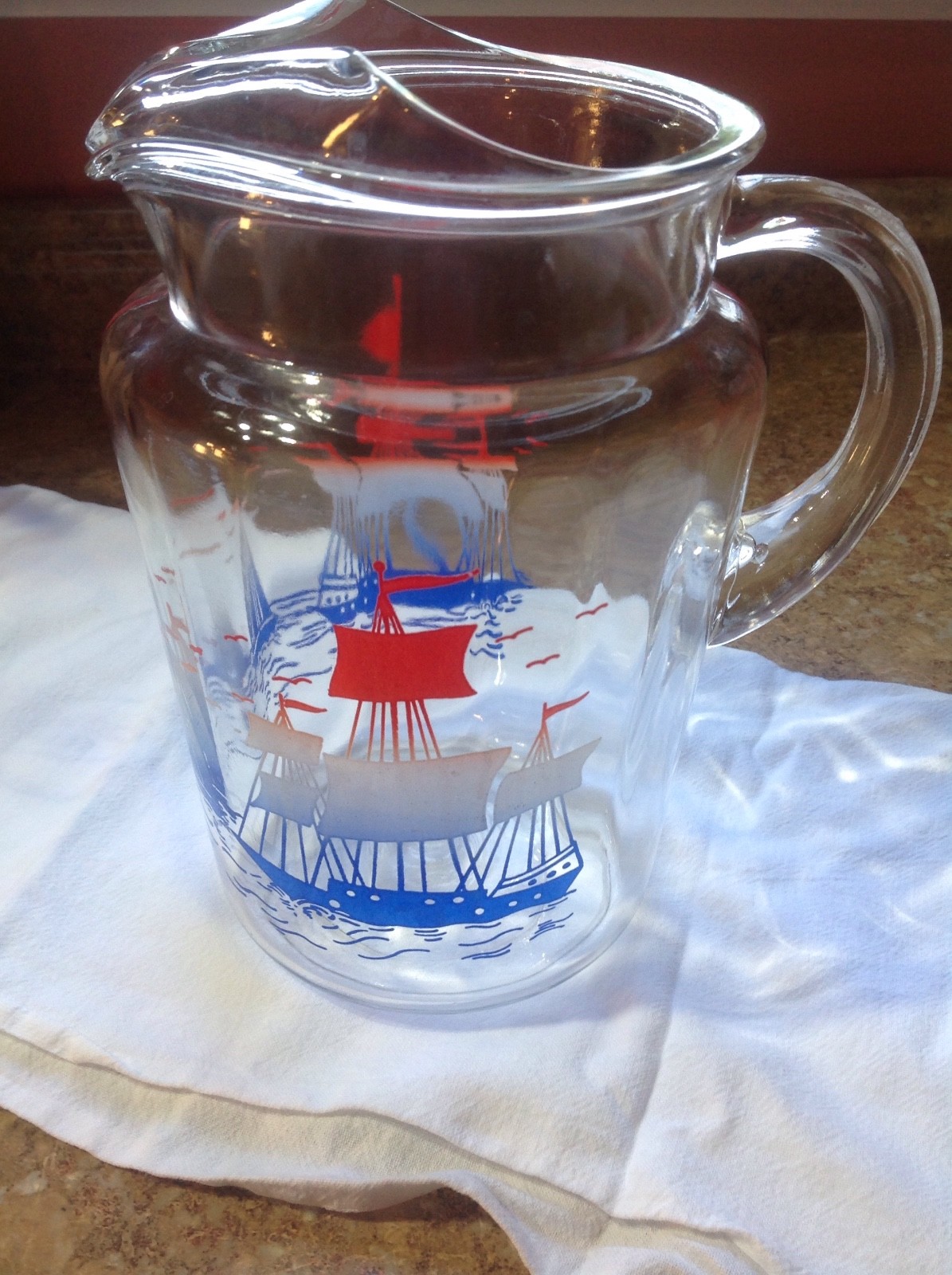 Anchor Hocking Clear Glass Vintage Water Pitcher With Sail Boats 1950's 60's VGC