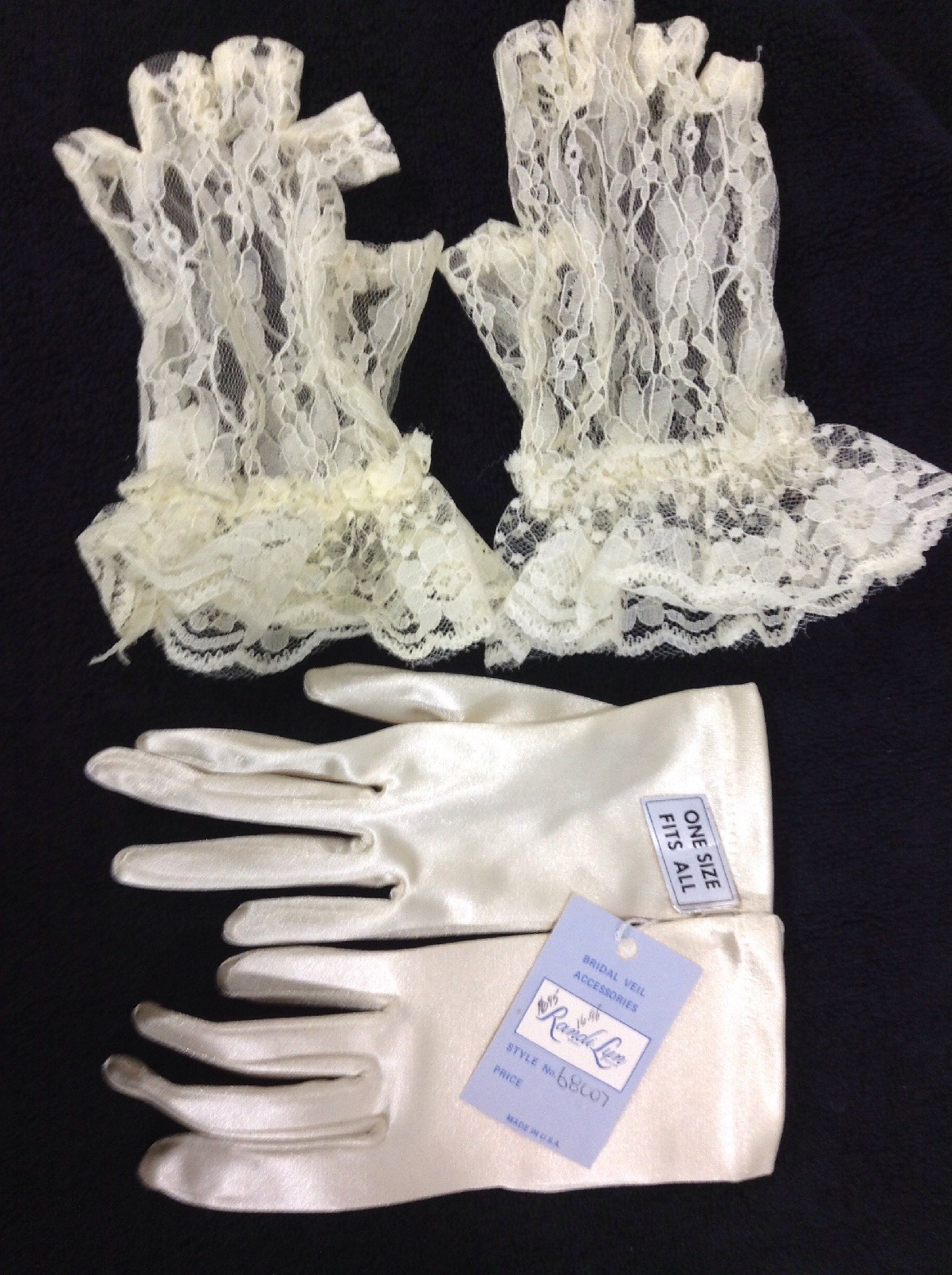 Satin Lace Gloves Fingerless Overlay Ivory Vintage Ruffle Madonna Bridal 80s USA