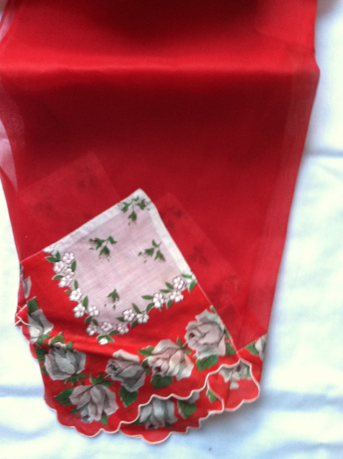 Vintage Red Sheer 1950's Half Apron w/Handkerchief Trim  Good Condition
