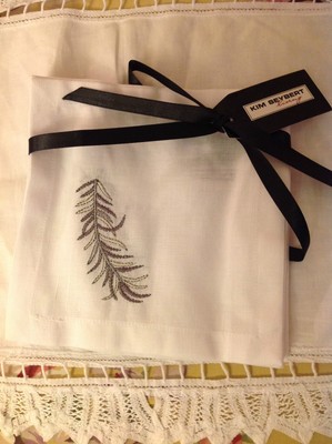 4 - KIM SEYBERT Platinum Taupe White Leaf Design Cocktail Napkin QUICK $0 SHIP