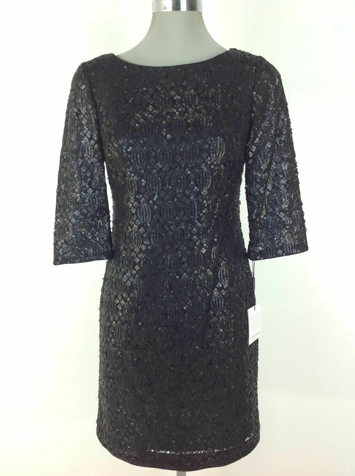 Новое коктейльное платье-футляр Calvin Klein NWT из черного кружева с блестками, Миниатюрные размеры 2P