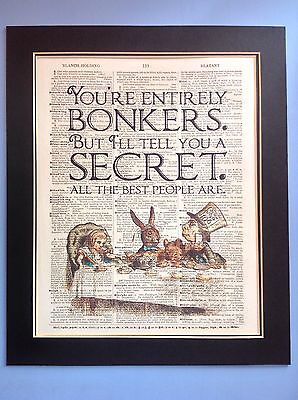 Alice Wonderland Tea party Bonkers Secret Gift Idea Antique Dictionary Page Art