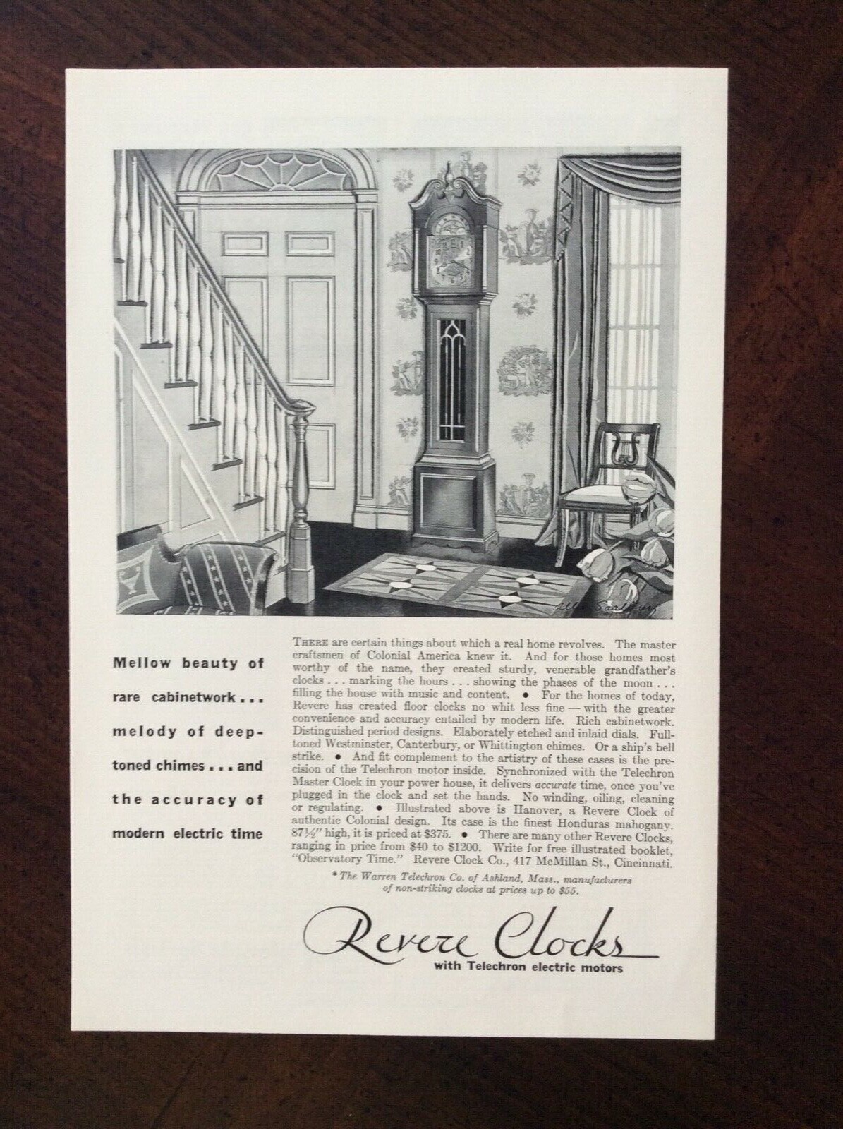 1930 vintage Original ad Revere Grandfather Clocks fantastic condition