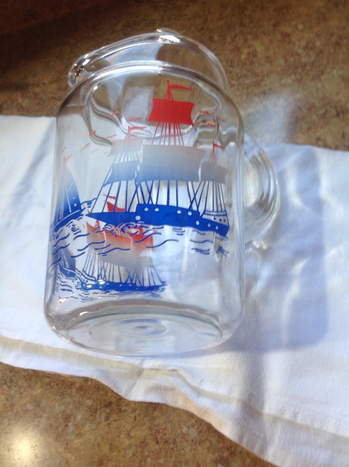 Anchor Hocking Clear Glass Vintage Water Pitcher With Sail Boats 1950's 60's VGC