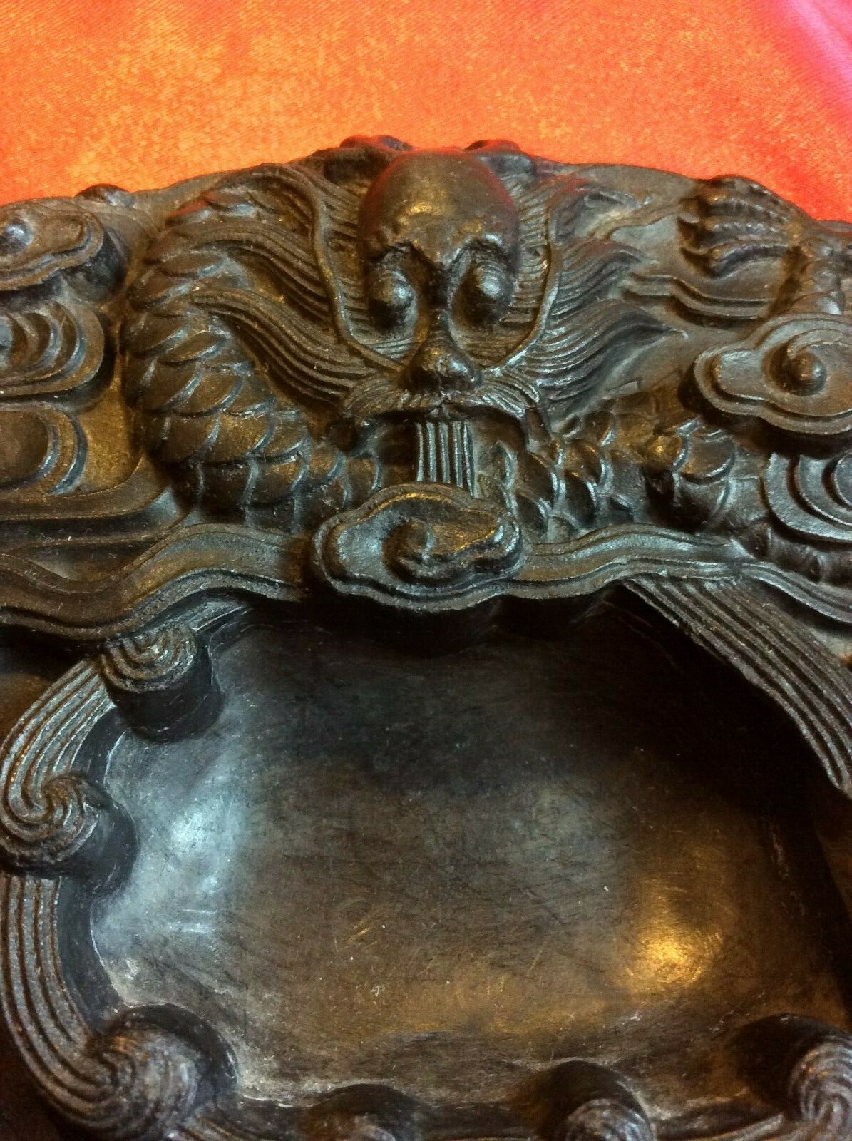 Large Antique Chinese Hand Carved Dragon Ink Stone with Lid