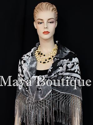 Pre-owned Maya Matazaro Poncho Shawl Top With Fringe Silver Gray Black Burnout Velvet  Usa