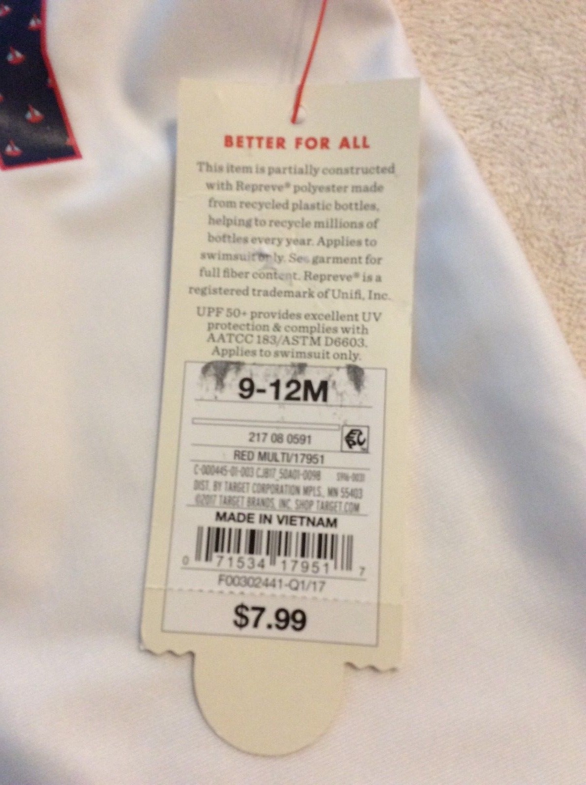Boys Baby Swim Shirt ~ 9-12 mos ~ UPF 50 Cat & Jack Red White Blue Target