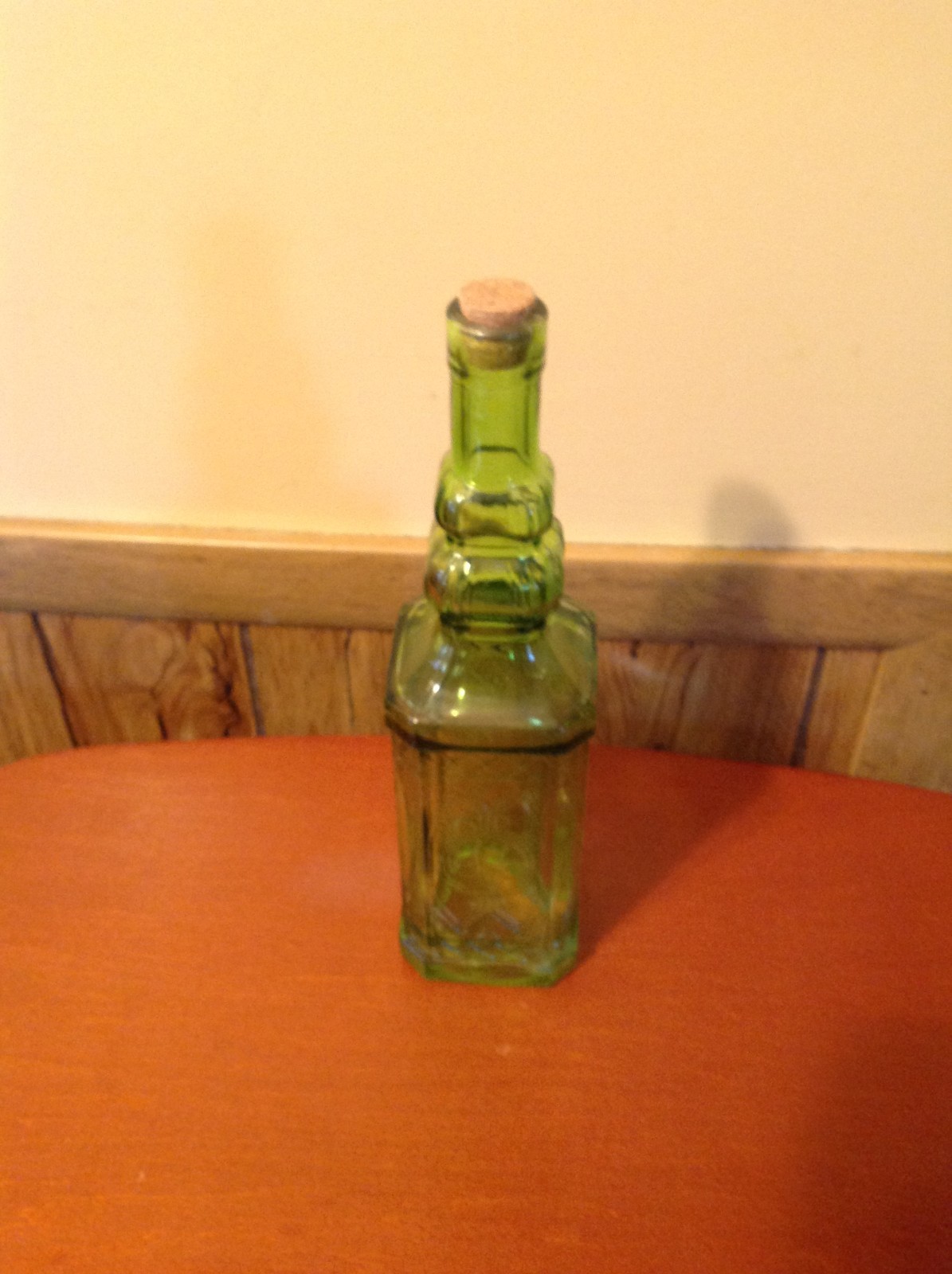 Glass Tall Neck Square Raised Patterns Green Bottle with Cork 12 Inch