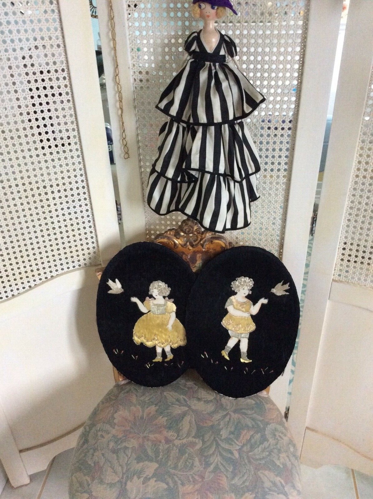 Antique Victorian Silk Embroidered Pictures, 2, Boy and Girl