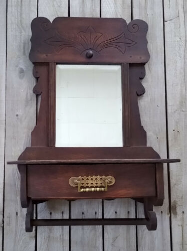 Antique Eastlake Victorian Wall Beveled Shaving Mirror Towel Bar Comb Box Drawer
