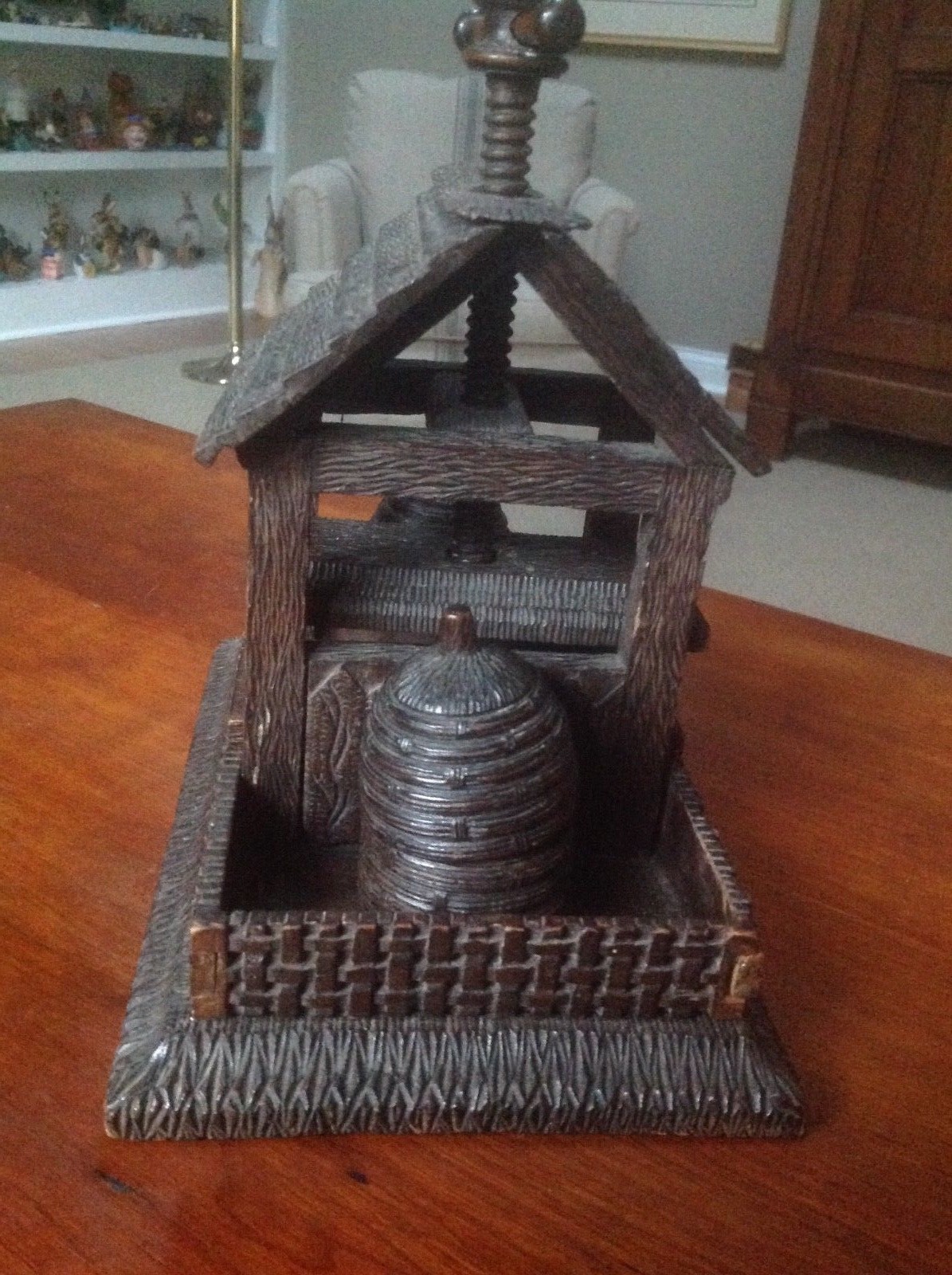 Antique carved Black Forest card press w/two figural holders for dice as Beehive