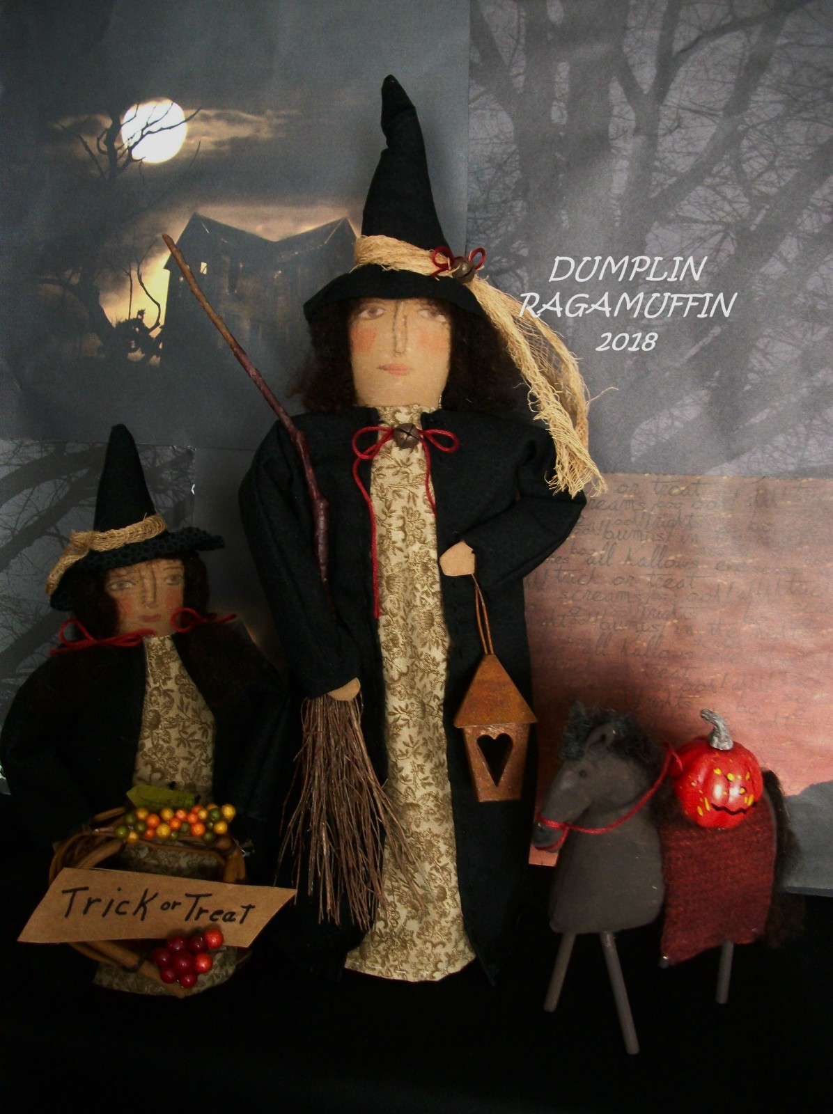 Primitive dolls, Halloween witch's,originals, hand made, by Dumplinragamuffin