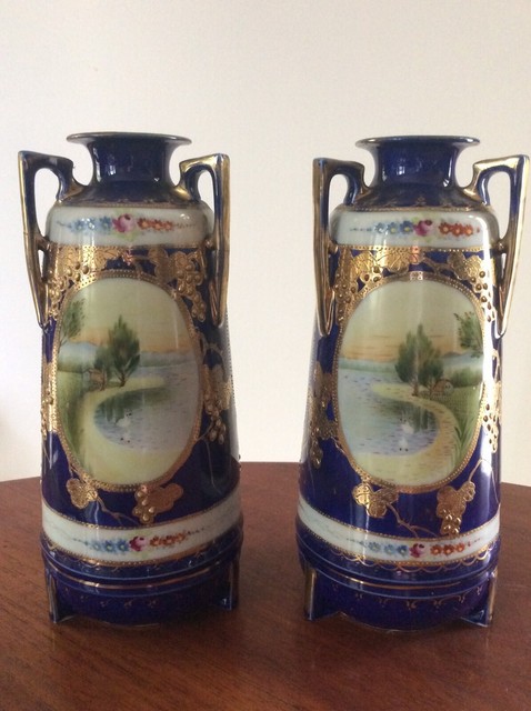 Vintage Gold Blue Hand Painted Nippon Vases No Damage Antiques