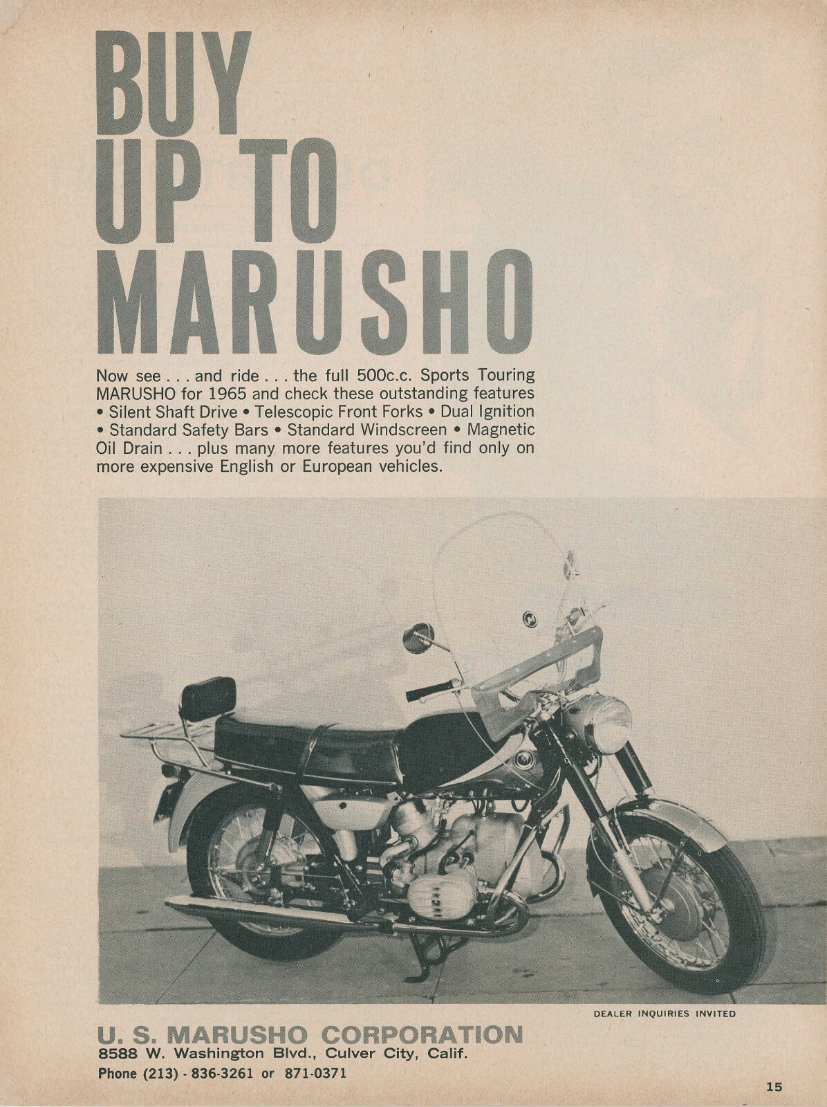 1965 Marusho Vintage Motorcycle Ad New 500cc Sports Toruing Bike Retro Biking