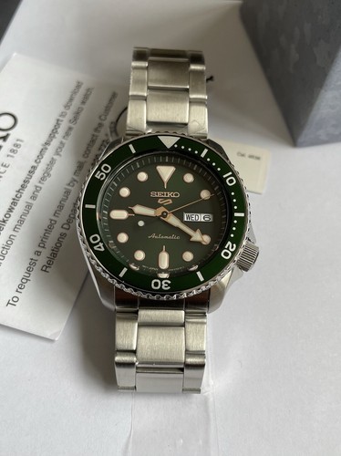 Pre-owned Seiko 5 Automatic Green Dial Steel Bracelet Men's Watch Srpd63 With Tag