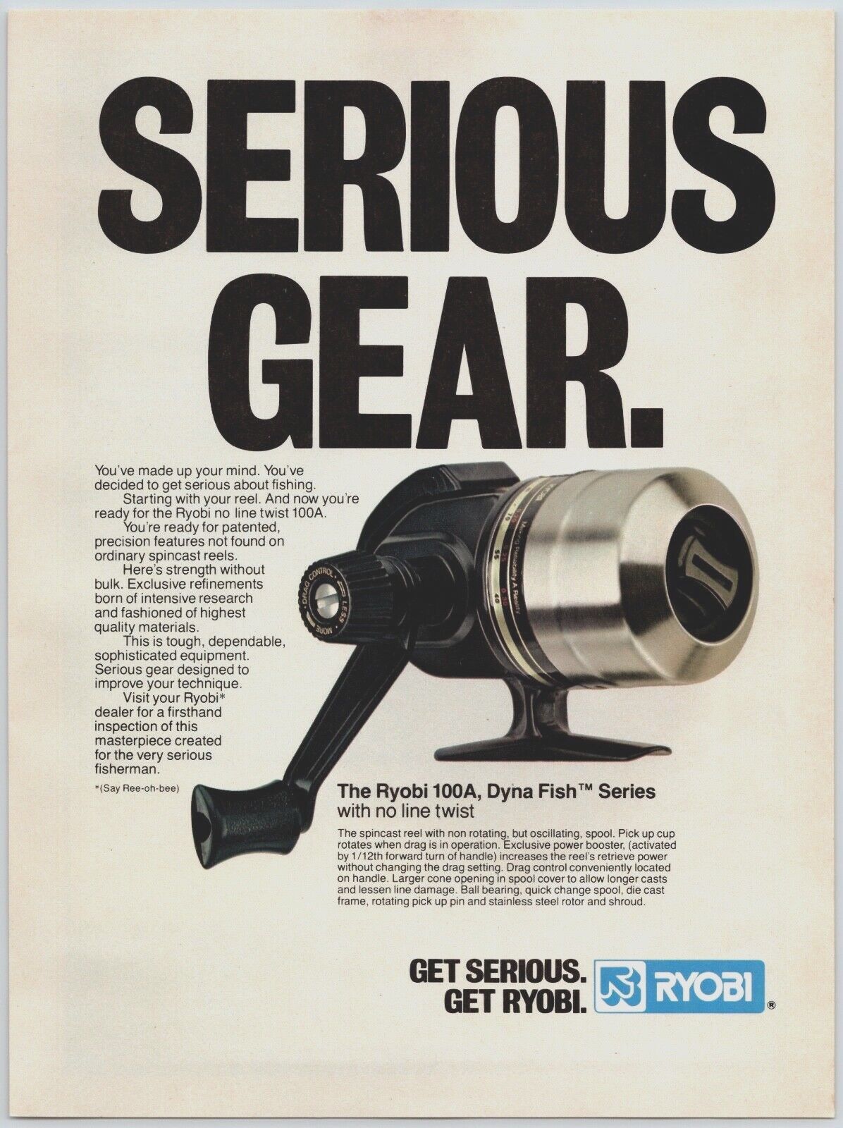 1980's Ryobi 100A, Dyna Fish Series Casting Reel Print Ad 1980's Ryobi 100A, Dyna Fish Series Casting Reel Print Ad